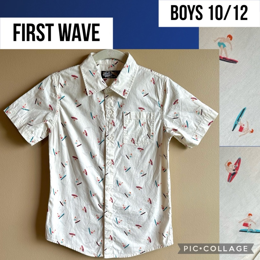 First Wave Boys Button Up Shirt Surfer Print Short Sleeve Surfing Beach Vacation